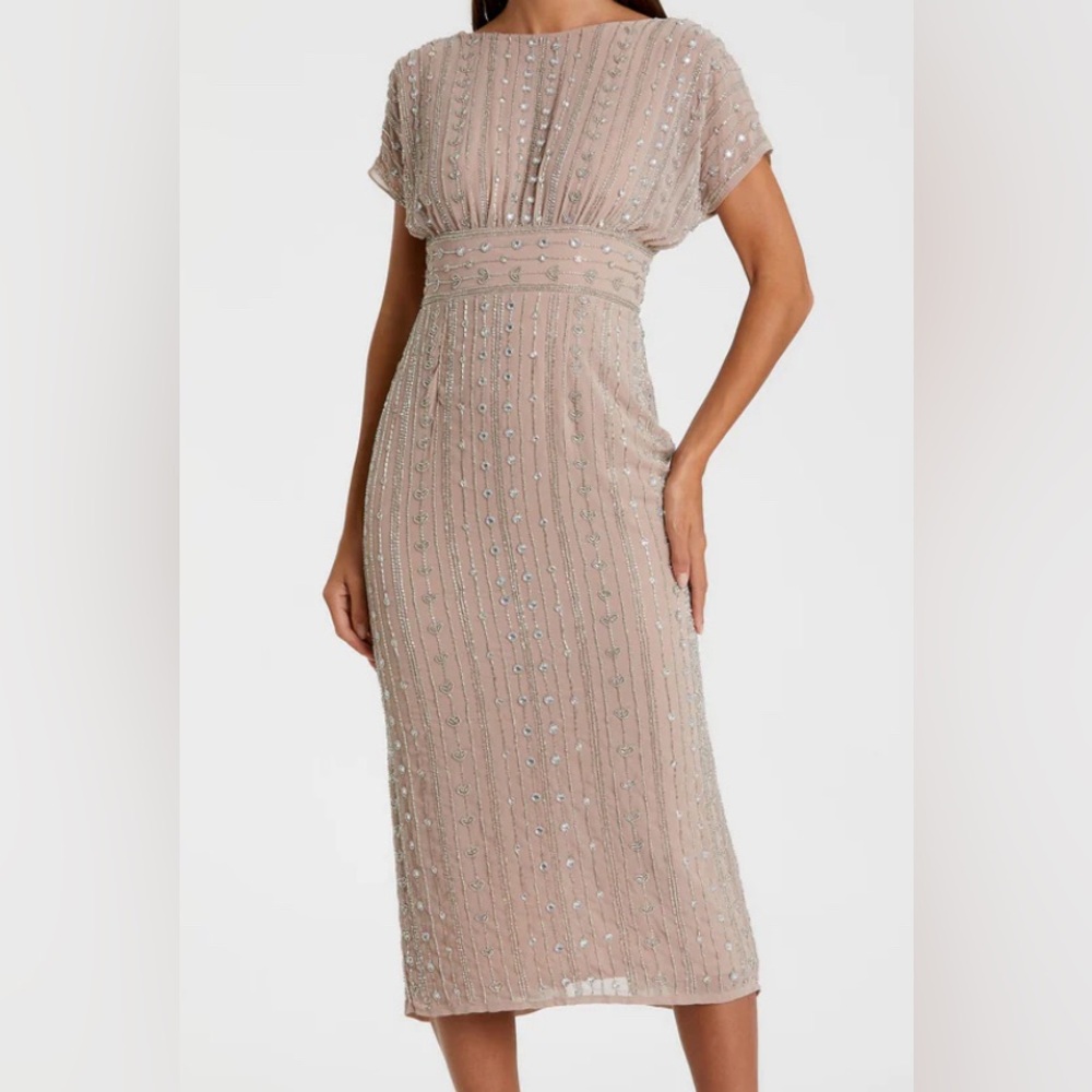 MAC DUGGAL Beaded Cap Sleeve Column Midi Dress, Size 4